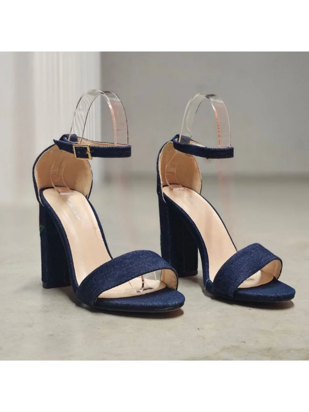 Denim Block Heels With Embroidered Red Rose Design & Adjustable Ankle Strap - Wo